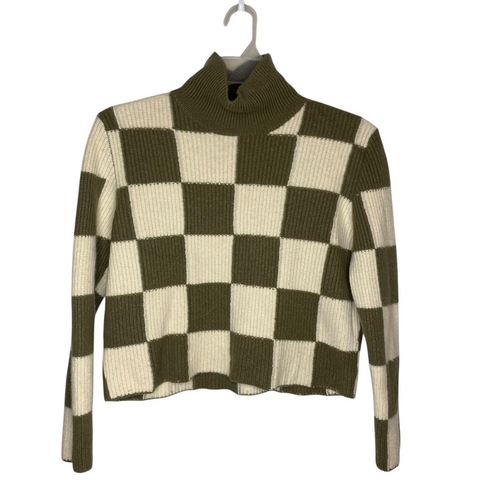 W. Cashmere Womens Olive Cream Checkered Cropped Turtleneck Sweater Large